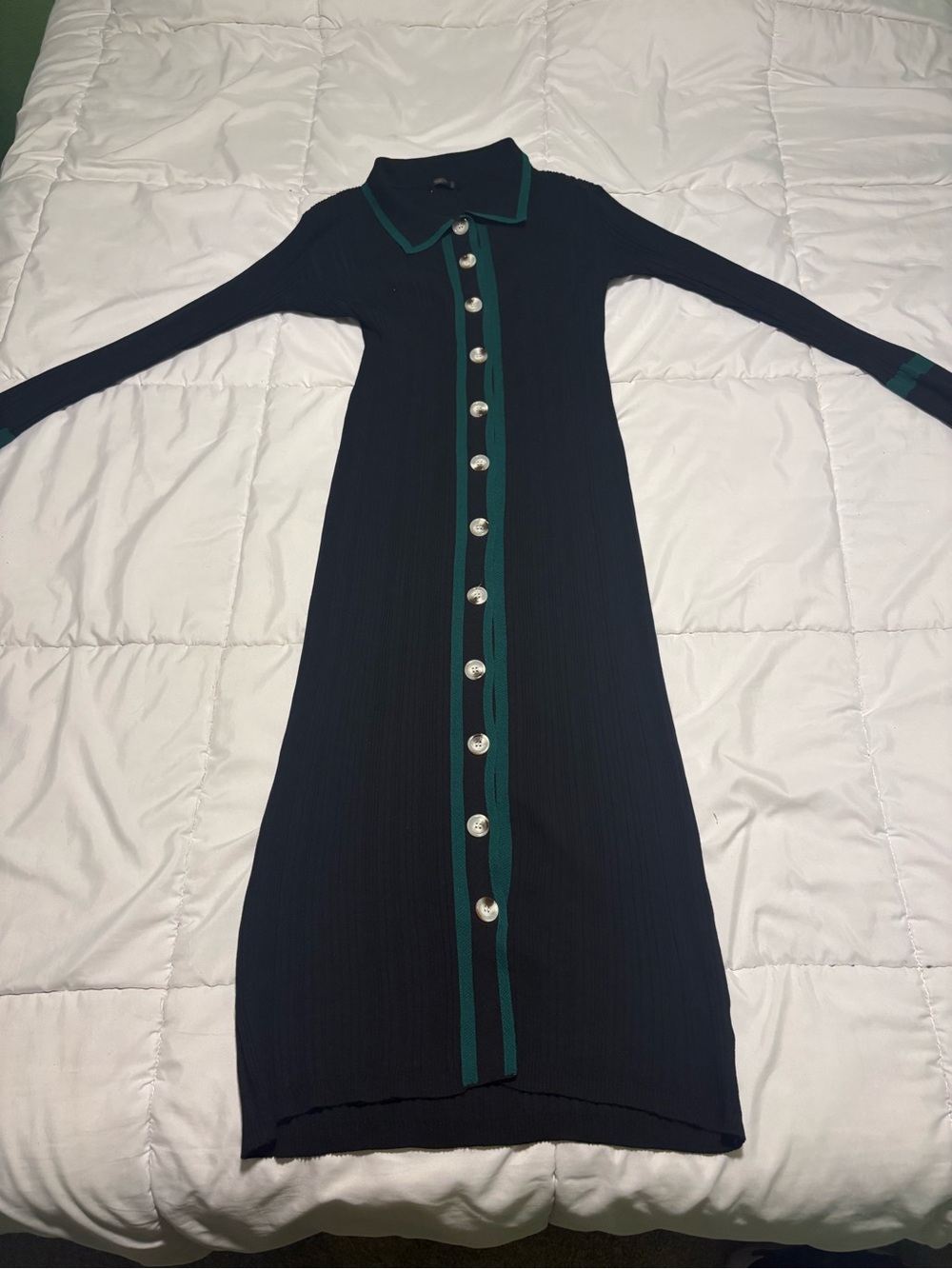 Black Maxi Polo Button-Front Dress with Green Trim